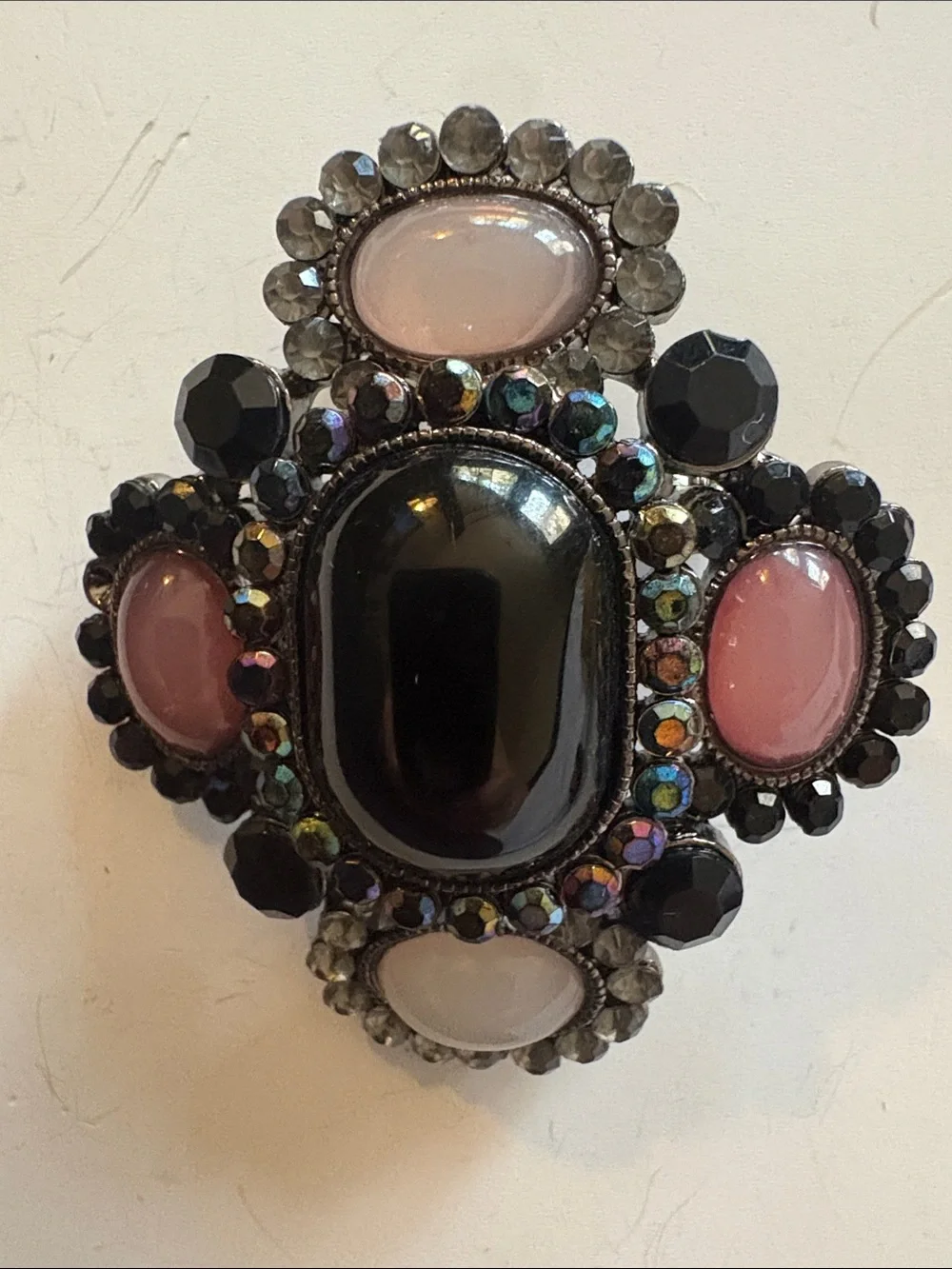 Vintage Statement Black and Pink Gemstone Brooch